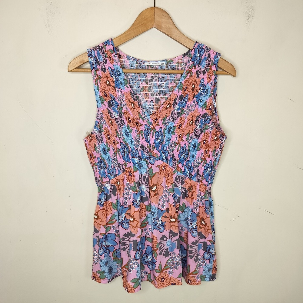 Staccato Floral Sleeveless Top Smocked V‎ Neck